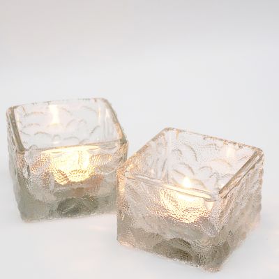 Empty Embossed Square Clear Glass Candle Jars