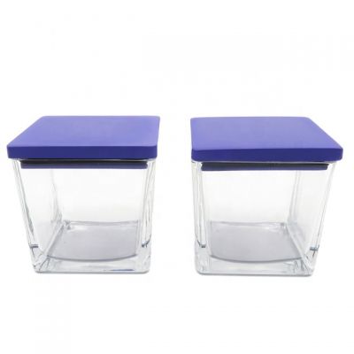 Custom Unique Clear/purple Square Glass Candle Jars/Holder with Lid For Home Decor