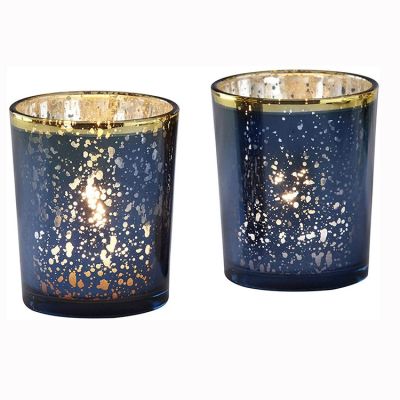 Blue color wedding used tealight custom decorative glass candle holder with golden rim