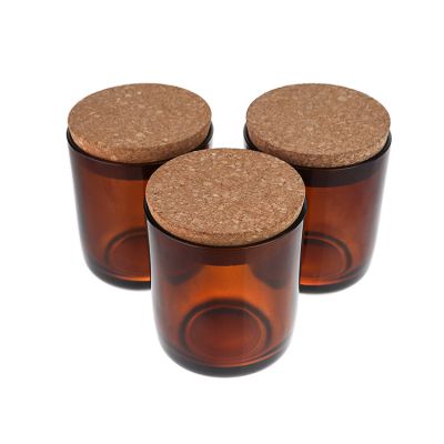 Wholesale 280ml Empty Luxury Home Decor Amber Glass Candle Jars Containers With Wooden Cork Lids