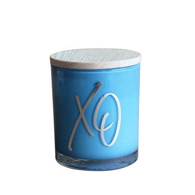 High quality blue glass candle jar candle holder with wood lid