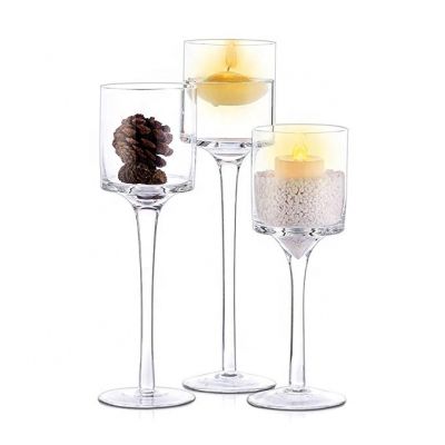 Set of 3 Wholesale Modern Decorative Table Long Stem Clear Glass Crystal Candle Holder