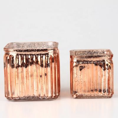 Vintage Empty Shiny Rose Gold Electroplated Ribbed Square Glass Candle Jar