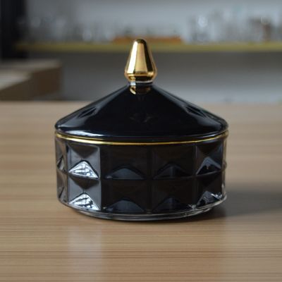 Luxury custom black glass candle jar with gold rim