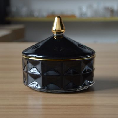 Custom luxury diamond black gold painted glass candle jar with lid