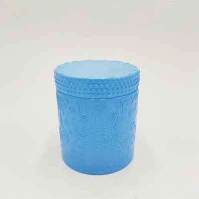 Blue color tiny glass candle jar with lotus pattern