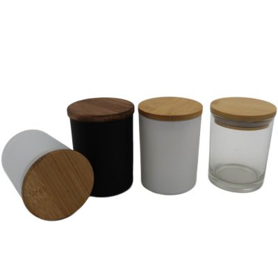 Luxury Empty Matte Black White Frosted Empty Glass Candle Jars With Wooden lids for Candle Making