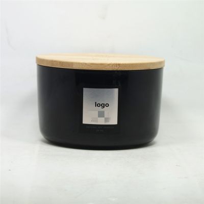610ml Sprayed glossy black glass candle jar and sealed ring bamboo lid