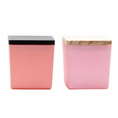 Wholesale Matte Pink Square Round Bottom Glass Candle Holder Jar with Wooden Lid