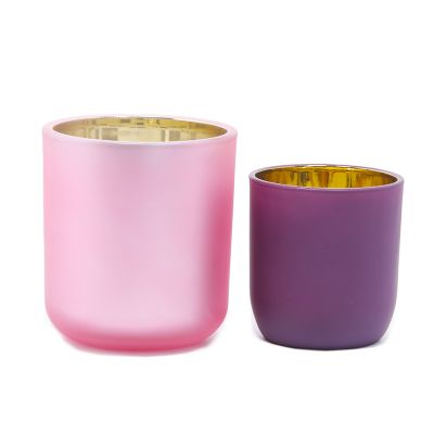 matte pink purple glass candle jar inside electroplated golden candle holder with lid