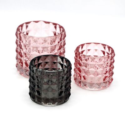 Wholesale diamond round glass candle jar tealight holder with color
