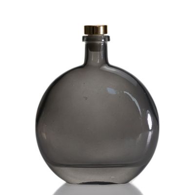 Decoration Vase Bottle Glass Aromatherapy Flat Round Aroma Reed Diffuser Bottle Grey