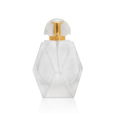 Custom 100ml Clear Rhombus Empty Refillable Perfume Glass Bottle with Gold Aluminum Sprayer Acrylic Cap