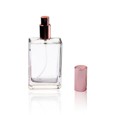 Hot sale clear 100ml perfume empty glass bottle mist spray square perfume bottles refillable with rose gold cap