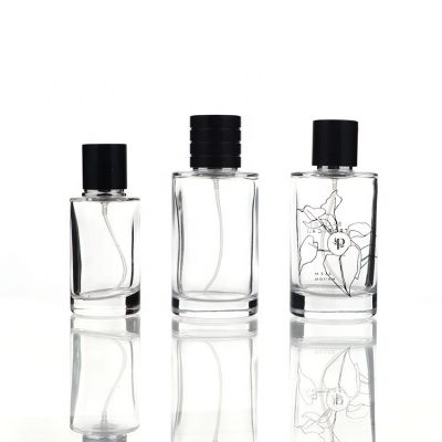 Screen Printing Luxury Cylinder Glass Perfume Bottle 50ml 100ml With Magnet Black Cap