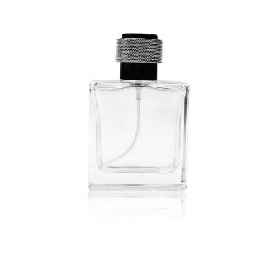 Customize Clear Square Glass Luxury Perfume Bottle 50ml With Black Cap Spray