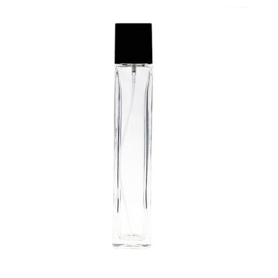 Custom 110ml Tall Square Clear Perfume Glass Bottle With Black Lid Pump