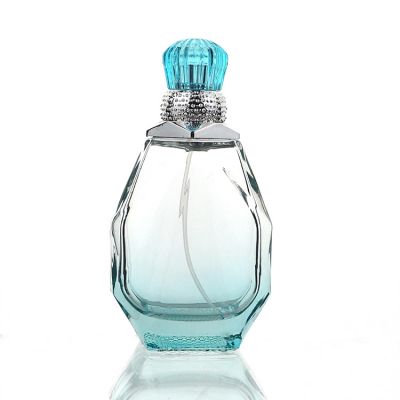 Custom 85 ML Octagon Gradient Light Blue Glass Perfume Display Bottles With Luxury Pump