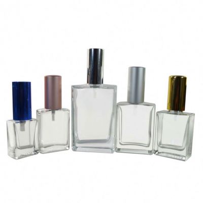 luxury Manufacturer empty 30ml 50ml 100ml square rectangle glass perfume mist spray bottle with silver aluminum lid