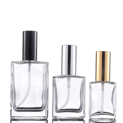 Hot sale 30ml 50ml 100ml transparent rectangle glass perfume spray bottle with aluminum pump cap