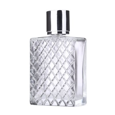 100ml square transparent plaid spray perfume bottle luxury glass bottle with silver metal pump and cap