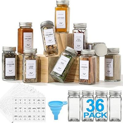 36 Pcs Glass Spice Jars with White Printed Spice Labels - 4oz Empty Square Spice Bottles - Shaker Lids and Airtight Metal Caps - Silicone Collapsible Funnel