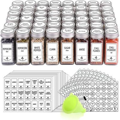 48 Glass Spice Jars with 806 White Spice Labels, Chalk Marker and Funnel Complete Set. Square Bottles 4 oz Empty Spice Containers, Airtight Cap, Pour/sift Shaker Lid, Square and Round Labels