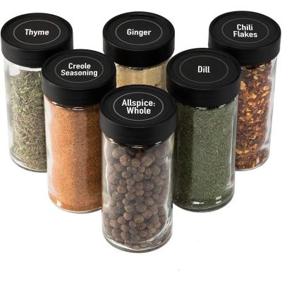 4 Ounce Glass Spice Jars (Same Size as Penzeys and Spice House) with Black Plastic Lids and 3 Styles of Shaker Tops- 6 Pack