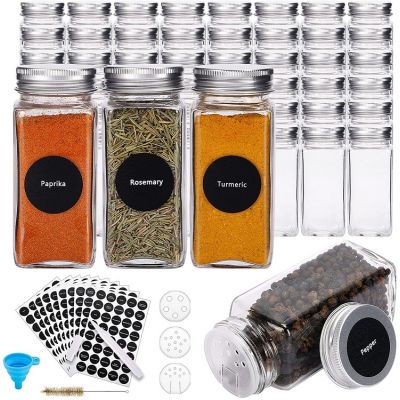 48 Pcs Glass Spice Jars, 4oz Empty Square Spice Bottles with 400 Spice Labels, Spice Containers with Shaker Lids, Airtight Metal Caps and Silicone Collapsible Funnel