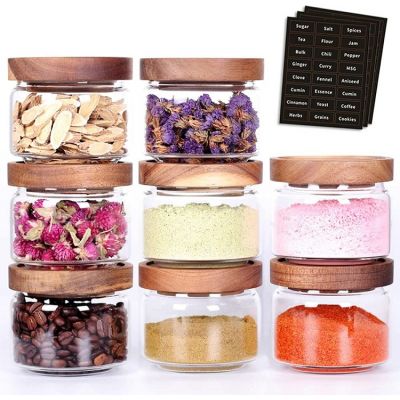 Spice Containers - 8.5oz Glass Spice Jars With Acacia Airtight Lid and Labels