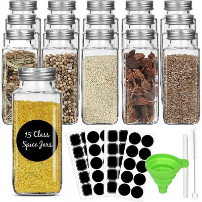 8oz Glass Spice Jars Bottles, Square Spice Containers with Silver Metal Caps and Pour/Sift Shaker Lid