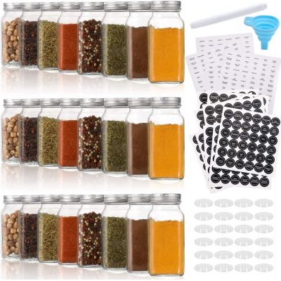 24 Pcs Glass Spice Jars/Bottles - 6oz Empty Square Spice Containers with Spice Labels - Shaker Lids and Airtight Metal Caps - Silicone Collapsible Funnel Included
