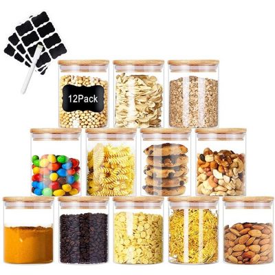 Glass Spice Jars with Bamboo Lids, 6oz Small Glass Jars with Labels & Pen, Glass Storage Jars for Kitchen Tea Coffee Sugar Nuts