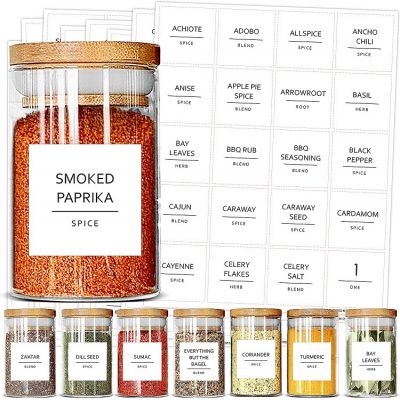 Kitchen Glass Spice Jars Labels Preprinted.Minimalist Black Text on Square White Label, Water Resistant Spice Labels Sticker