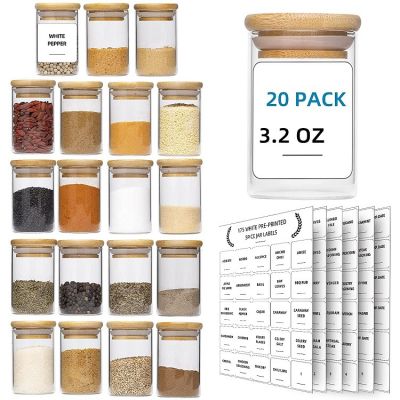 Glass Spice Jars with Bamboo Airtight Lids and Printed Spice Labels Sticker