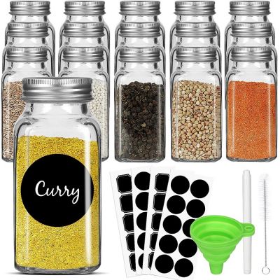 6oz Glass Spice Jars Bottles, Square Spice Containers with Silver Metal Caps and Pour/Sift Shaker Lid