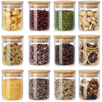 Glass Storage Jars Set with Airtight Bamboo Lids and Labels Jar-Small Food Storage Containers for Kitchen Pantry to Store Tea Powder Coffee Spice Candy Nuts