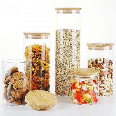 Glass Storage Jars with Bamboo Airtight Lids, Glass Canisters Sets for Kitchen Pantry, Glass Food Storage Containers for Cereal, Spice, Sugar, Cookie, Beans, Coffee Beans, Flour