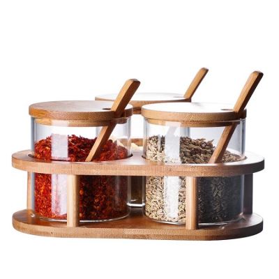 Spices Jar Set Glass Seasoning Bottle Display Box Condiment Box Salt Pepper Sugar Coffee Bean Storage Bin Wood Spoon Tray