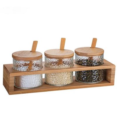 Hammer Glass, Bamboo and Wood Dressing Box Set for Household Kitchen Salt Jar Seasoning Bottle Container Set