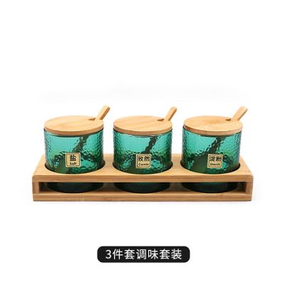 Luxurious Green Glass Seasoning Pot Oil Bottle Suit Salt Sugar Jar Home Kitchen Seasoning Bottle 3-piece Set Storage Tools