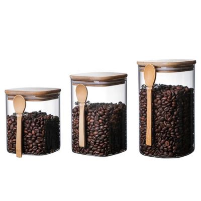 High Borosilicate Glass Sealed Jar With Spoon Bamboo Covered Coffee Bean Tea Seasoning Storage Tank Miscellaneous Storage Bottle