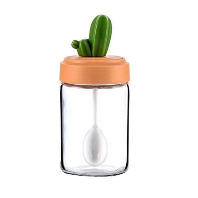 Transparent Glass Spice Jar With Cactus Lid And Spoon Seasoning Bottle For Salt Sugar Pepper Powder Salt Glass Jar For Kitchen