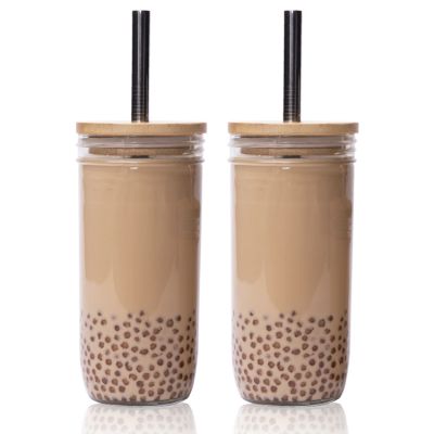 Food Grade 24oz 720ml Clear Round Glass Milk Tea Cup Juice Beverage Bottles with Bamboo Lids