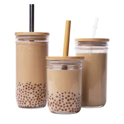 Food Grade Wide Mouth Clear Round Glass Mason Jar Cup with Bamboo Lids and Straw Hole