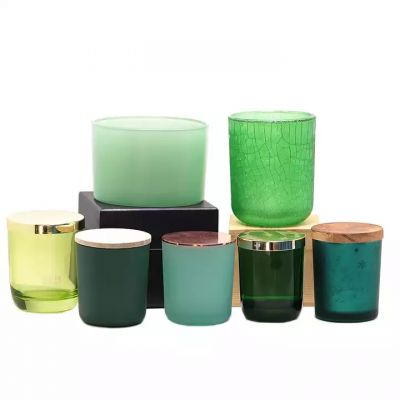 wholesale empty matte shining green glass candle jar electroplated candle holder with metal/ wooden lid