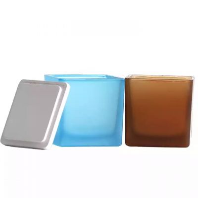 Wholesale Square Frosted color glass candle jar with bamboo lid candle vessels wholesale for candle making