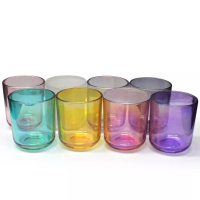 iridescent scented pink or purple turquoise colored clear glass candle jar candle cup with curved bottom container wax