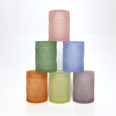 400ml luxury matte colored embossed geo cut glass candle jar with glass lid candle holders decorative for Candle making