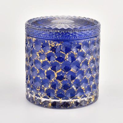 12OZ 14OZ cylinder diamond effect dark blue glass candle vessel with lids for wholesale